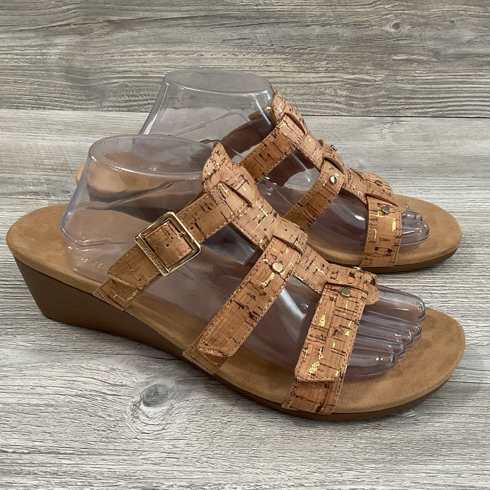 Vionic Radia 381 Cork Leather Open Toe Wedge Slide Sandals Shoes Women's 11W NEW